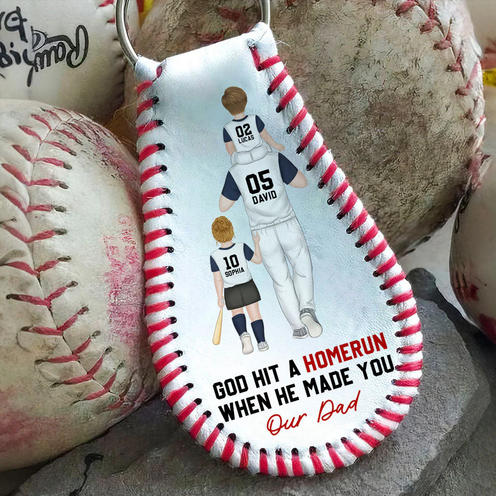 God Hit A Homerun When He Made You My Dad  - Personalized Custom Leather Baseball Keychain - Image 2