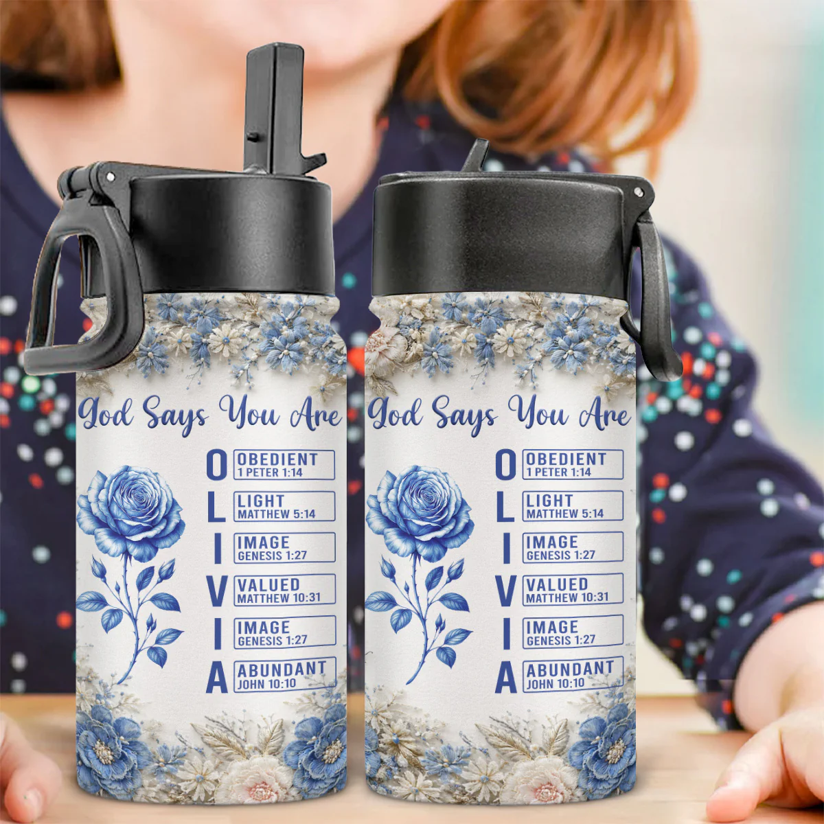 God Say You Are Blue Toile - Personalized Custom Kids Water Bottle - Image 2