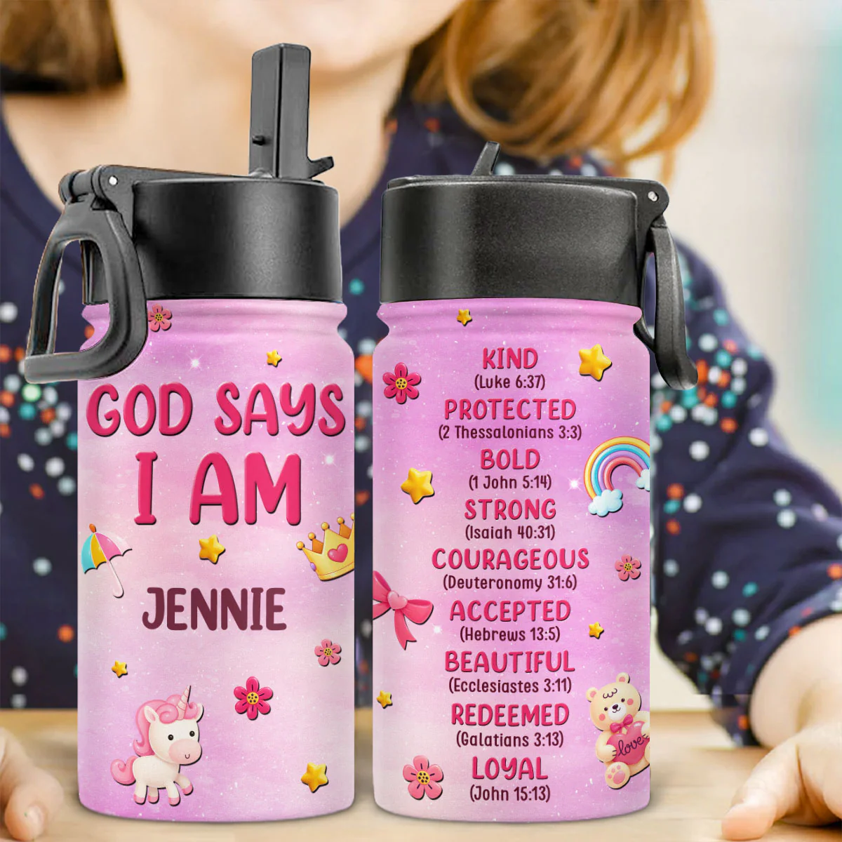 God Says I Am - Personalized Custom 3D Effect Kids Water Bottle - Image 2