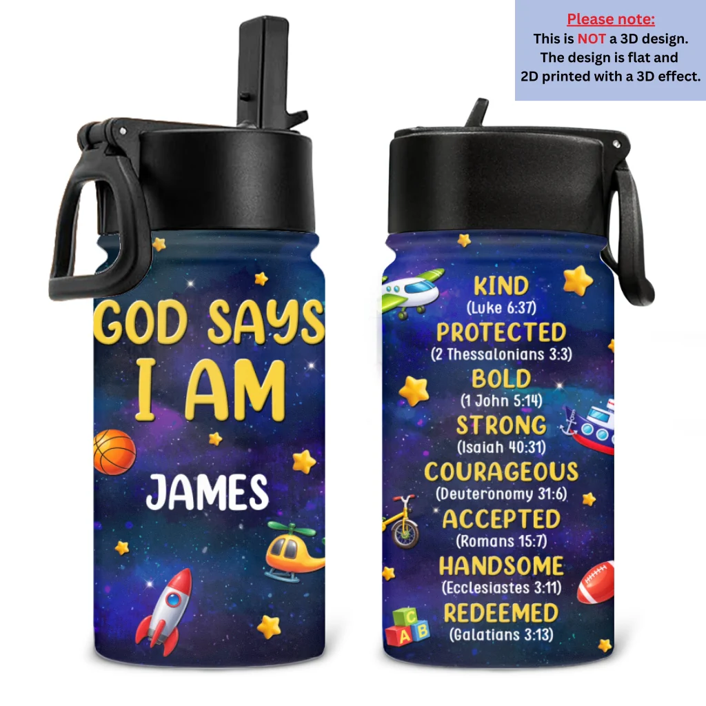 God Says I Am - Personalized Custom 3D Effect Kids Water Bottle - Image 6