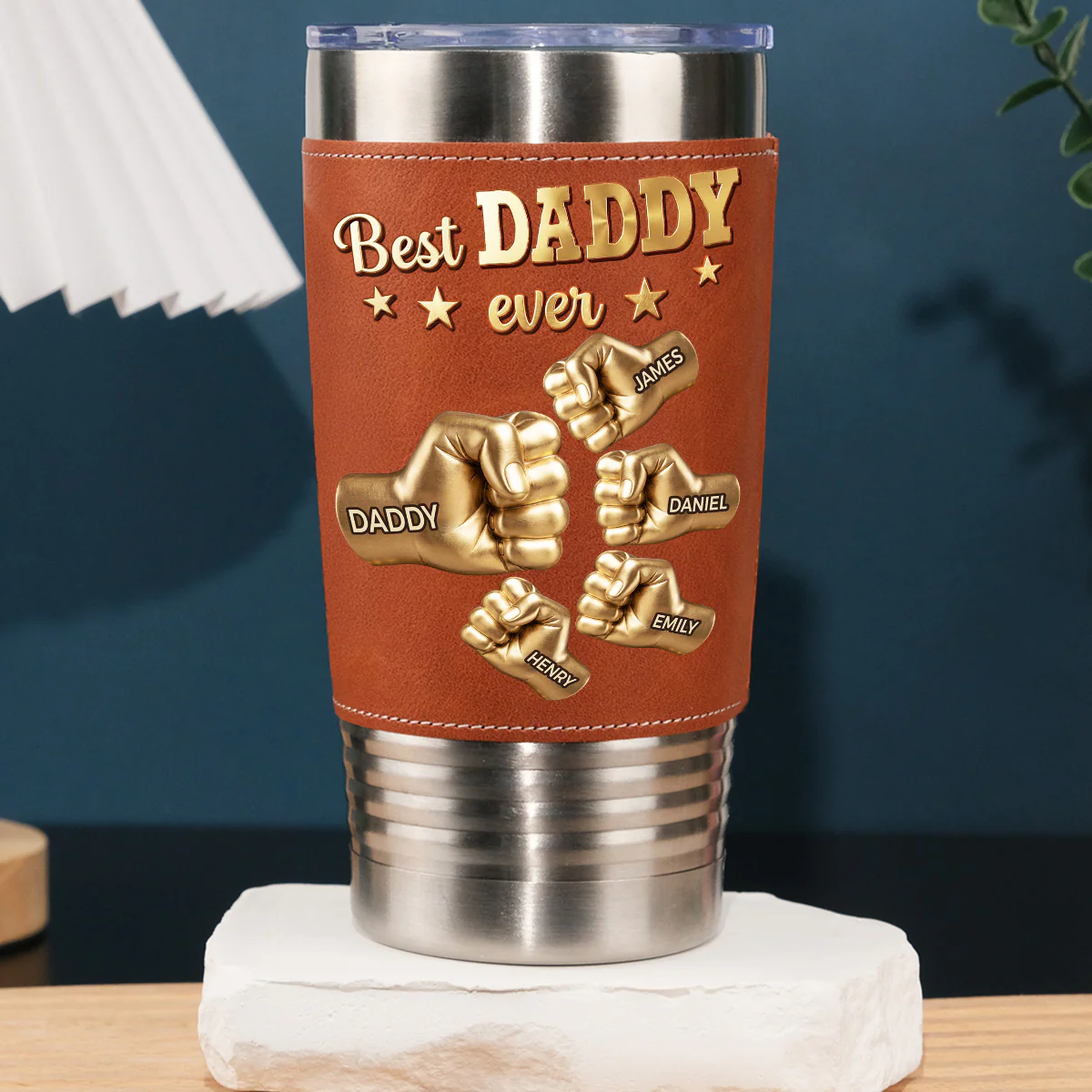 Gold Best Dad - Personalized Custom Leather Tumbler - Image 3