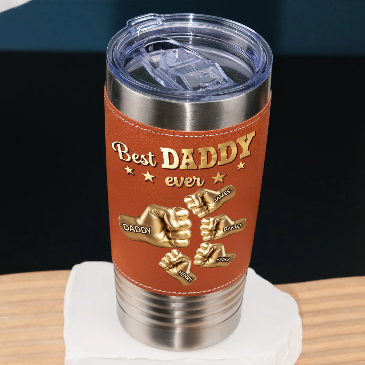 Gold Best Dad - Personalized Custom Leather Tumbler - Image 5