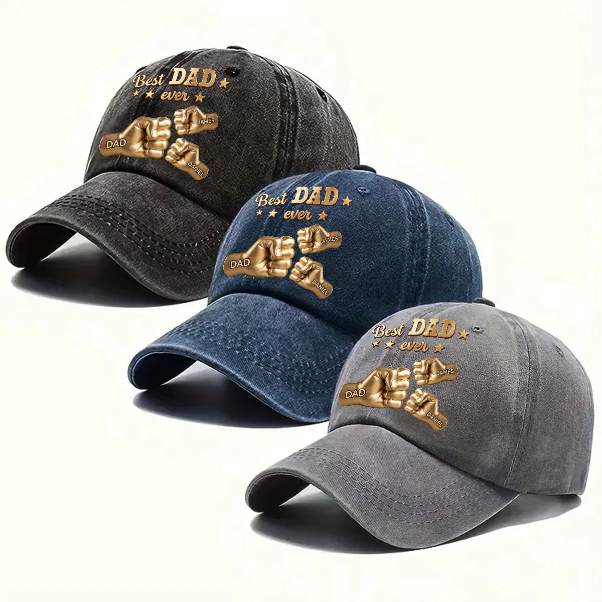 Gold Best Dad - Personalized Custom Vintage Washed Denim Cap - Image 3