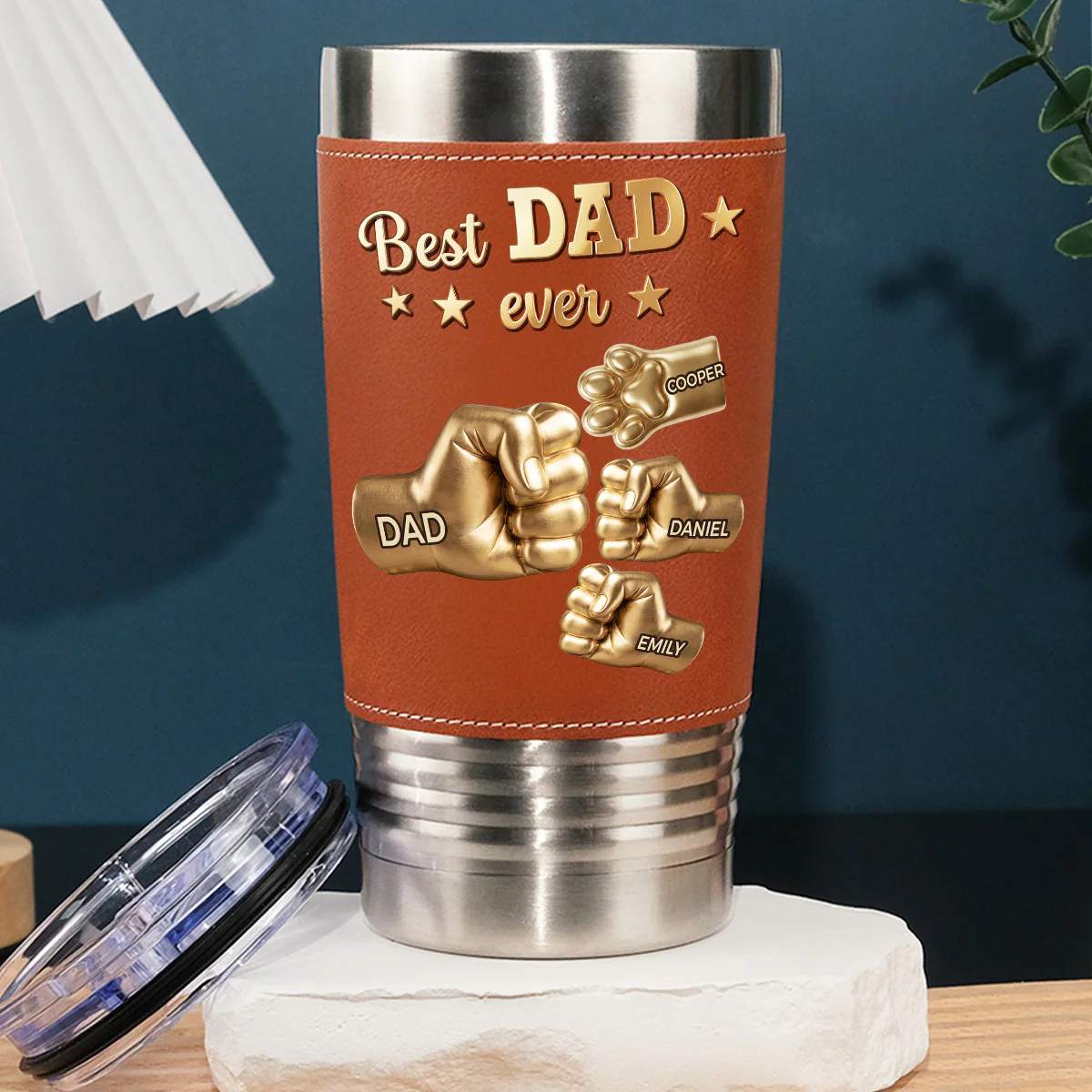 Gold Best Dad Ver Paw 2 - Personalized Custom Leather Tumbler