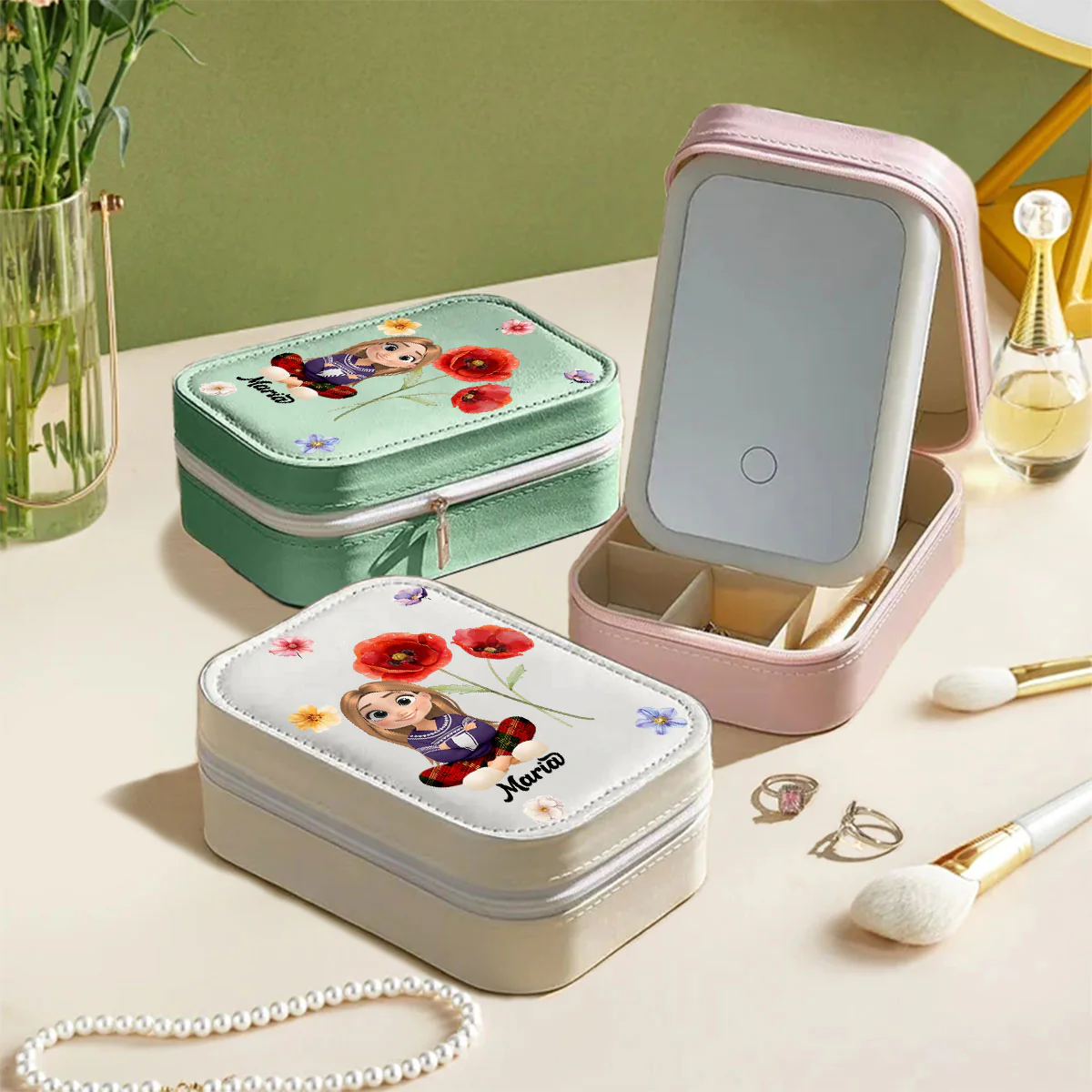 GrandKid Birth Month - Personalized Custom Jewelry Box With LED Mirror - Image 5