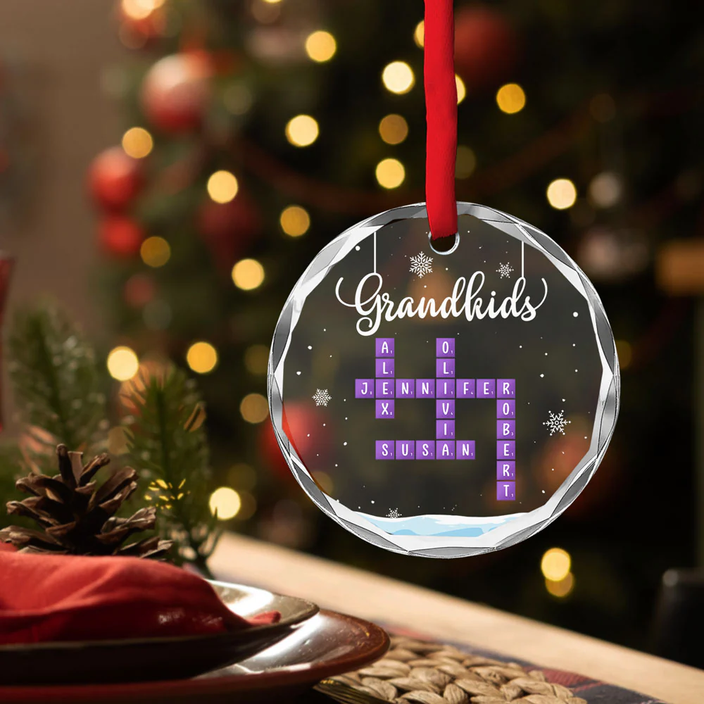 Grandkids Crossword Christmas - Personalized Custom Glass Ornament - Image 3