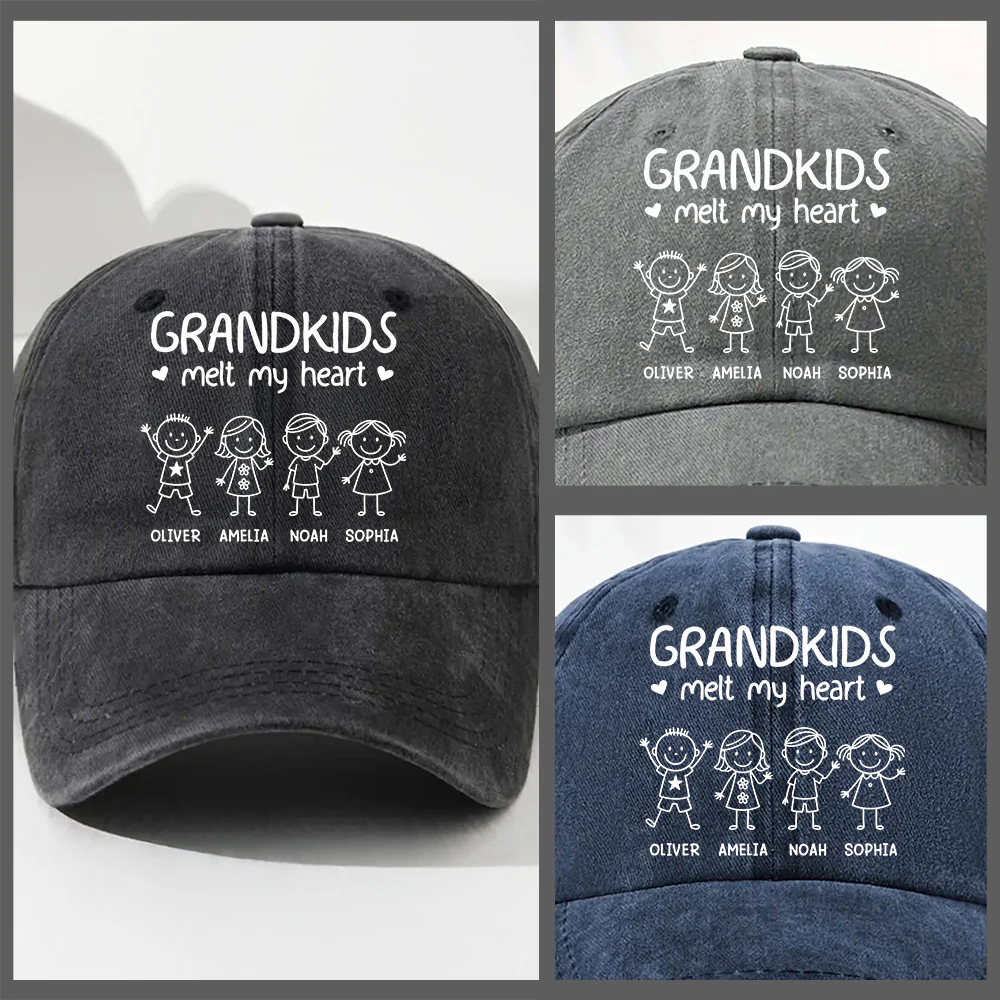 Grandkids Melt Grandpa Heart - Personalized Custom Vintage Washed Denim Cap - Image 4