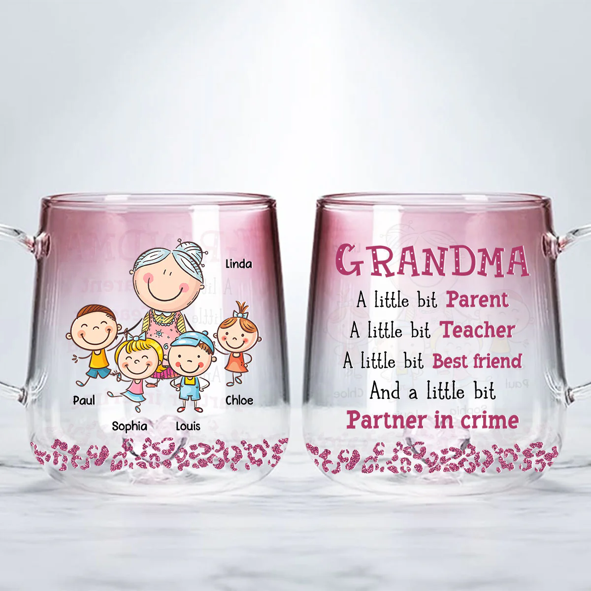 Grandma A Little Bit Of Everything - Personalized Custom Pink Gradient Glass Mug - Image 2