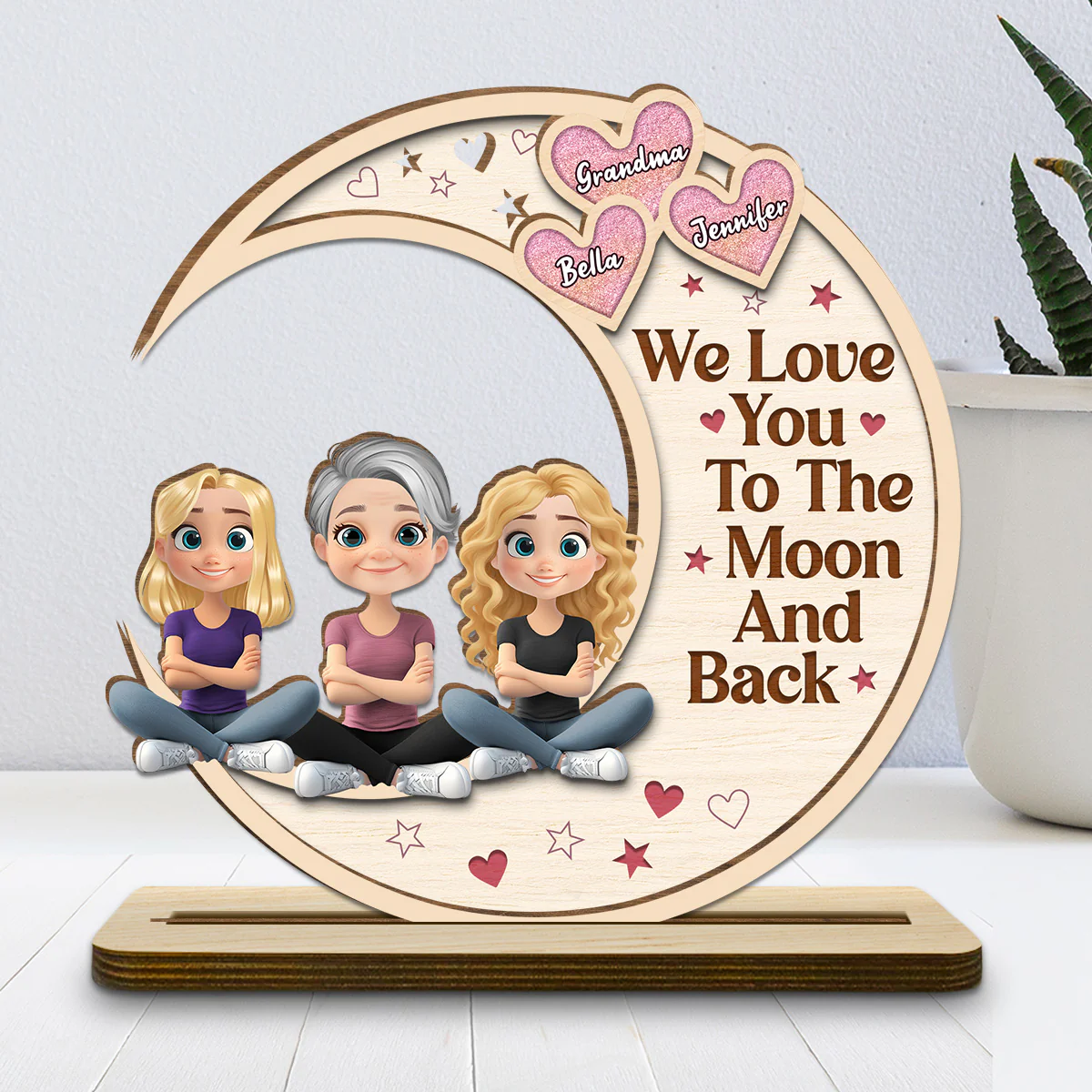 Grandma And Granddaughter Sitting In The Moon - Personalized Custom 2-Layer Wood Plaque With Flat Base - Image 2