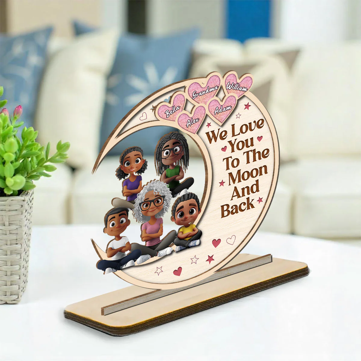 Grandma And Granddaughter Sitting In The Moon - Personalized Custom 2-Layer Wood Plaque With Flat Base - Image 3