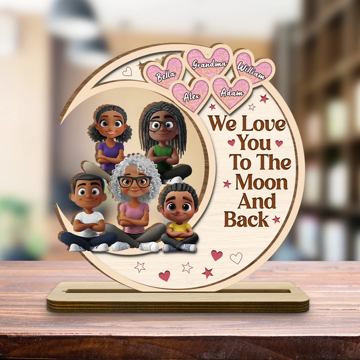 Grandma And Granddaughter Sitting In The Moon - Personalized Custom 2-Layer Wood Plaque With Flat Base - Image 4