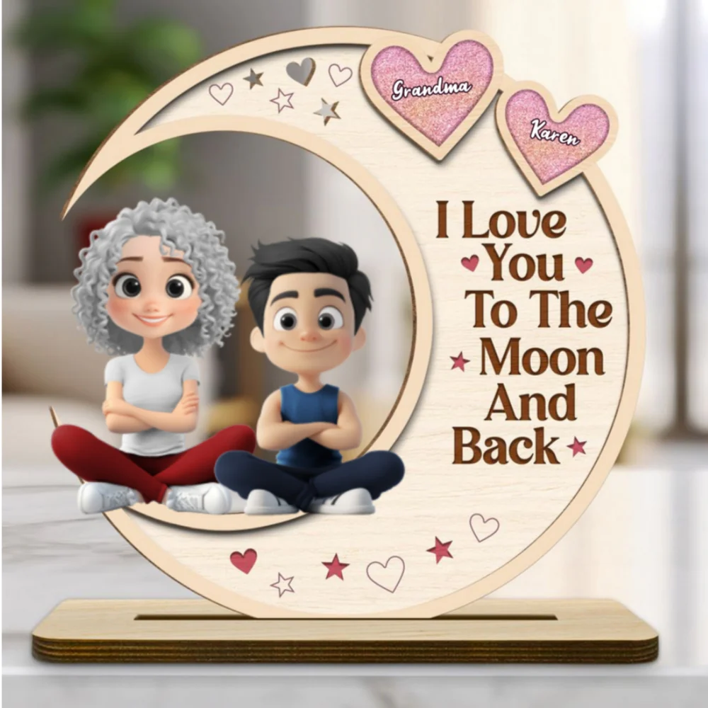Grandma And Granddaughter Sitting In The Moon - Personalized Custom 2-Layer Wood Plaque With Flat Base - Image 6