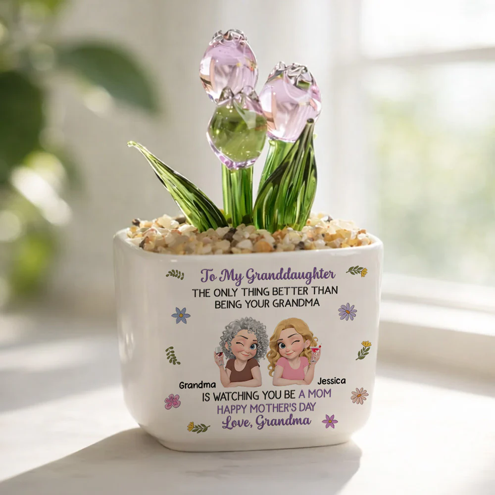 Grandma And Grandkid Linked Together Cartoon - Personalized Custom Glass Everlasting Tulips - Image 2