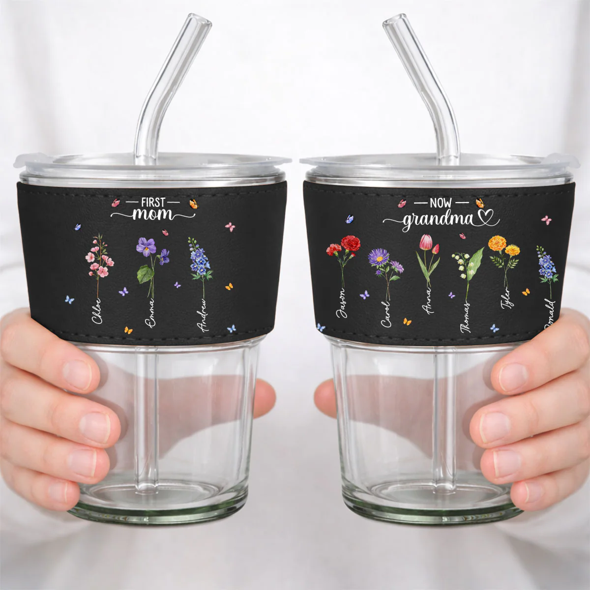Grandma Birthmonth Flower - Personalized Custom Leather Glass Cup - Image 6