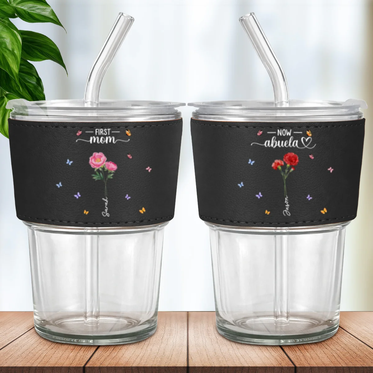 Grandma Birthmonth Flower - Personalized Custom Leather Glass Cup - Image 8