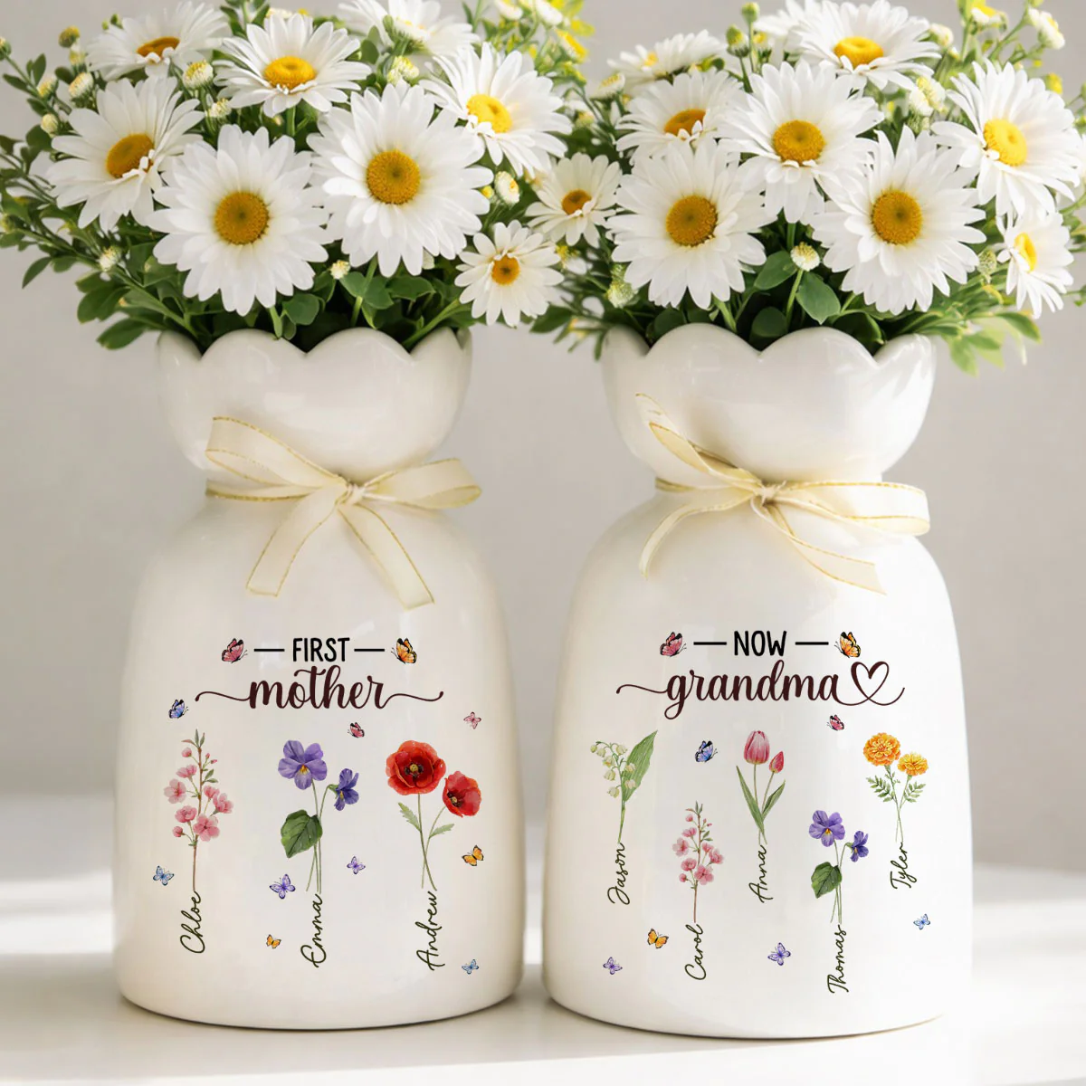 Grandma Birthmonth Flower - Personalized Custom Ribbon Tie Flower Vase