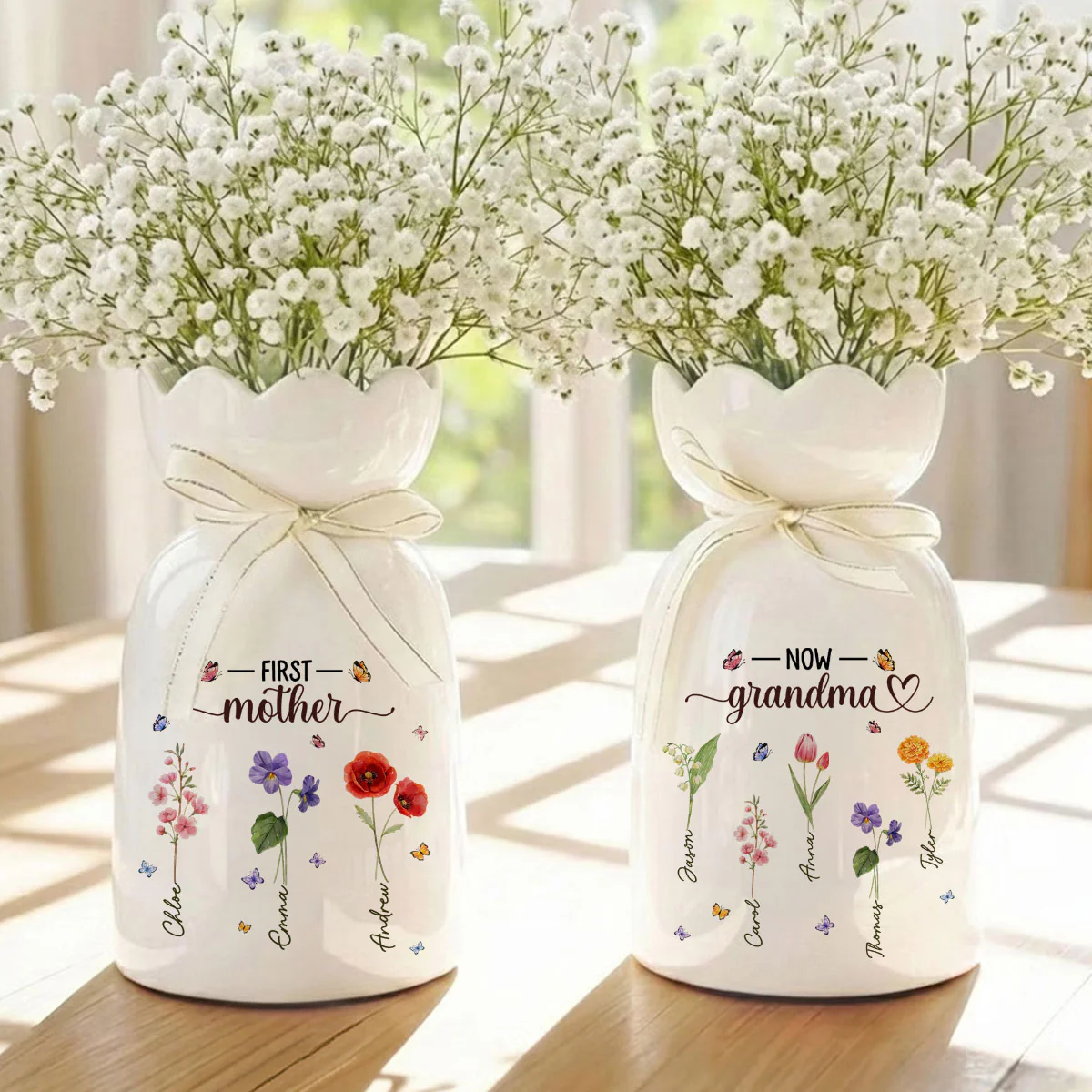Grandma Birthmonth Flower - Personalized Custom Ribbon Tie Flower Vase - Image 2