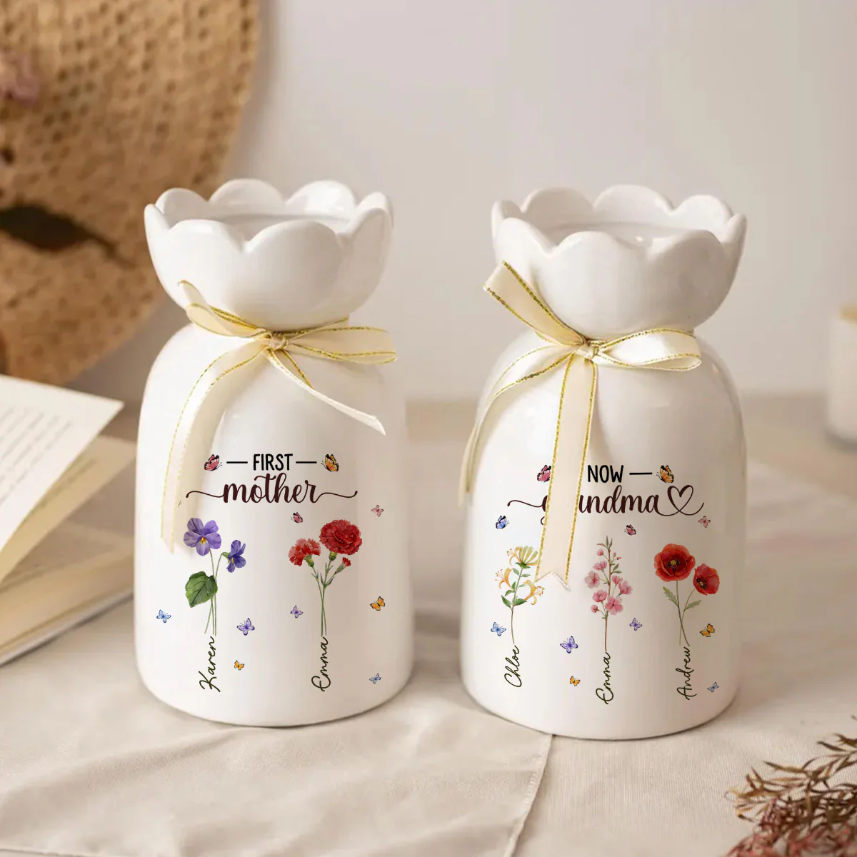 Grandma Birthmonth Flower - Personalized Custom Ribbon Tie Flower Vase - Image 3