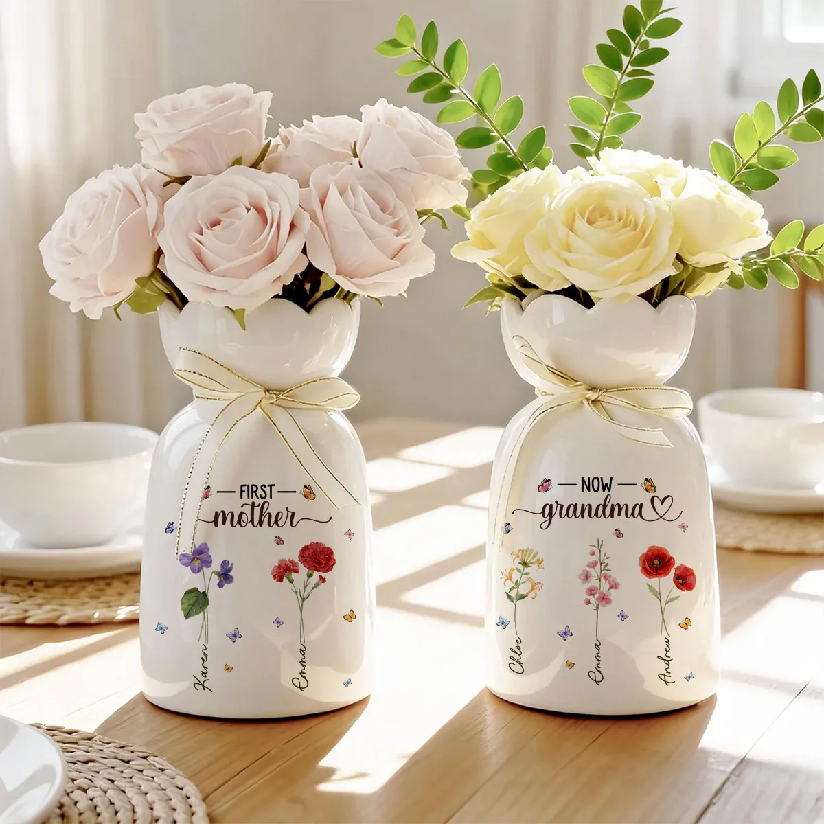 Grandma Birthmonth Flower - Personalized Custom Ribbon Tie Flower Vase - Image 4