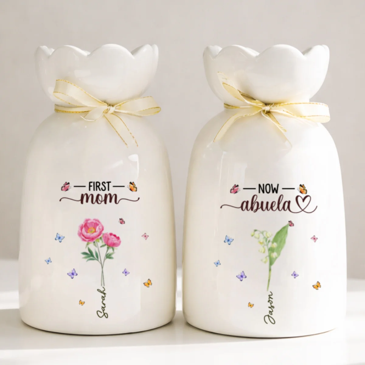 Grandma Birthmonth Flower - Personalized Custom Ribbon Tie Flower Vase - Image 6