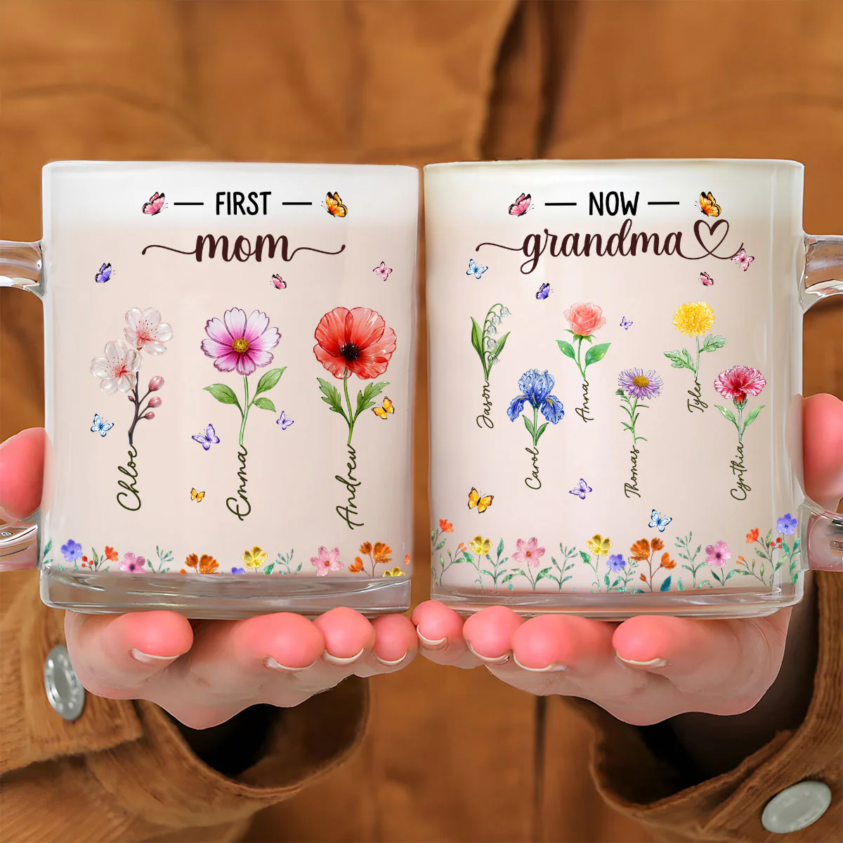 Grandma Birthmonth Glass Flower - Personalized Custom Glass Mug