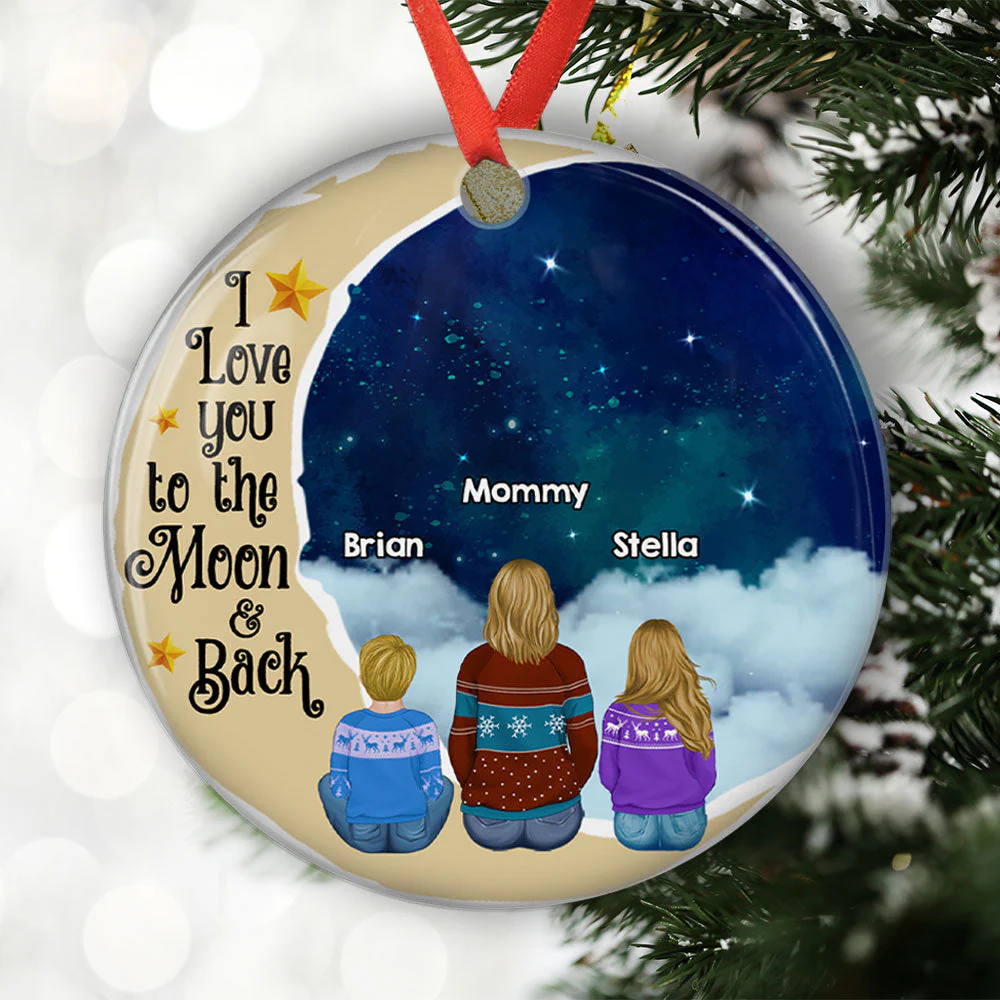 Grandma Grandkids On Moon - Personalized Custom Circle Ceramic Ornament - Image 2