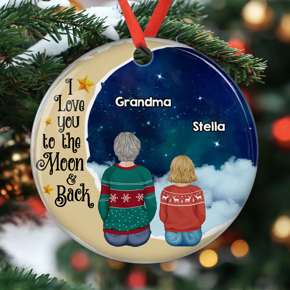 Grandma Grandkids On Moon - Personalized Custom Circle Ceramic Ornament - Image 5