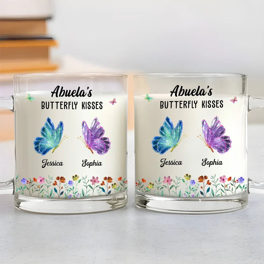 Grandma Mom Kisses Butterflies - Personalized Custom Glass Mug - Image 3