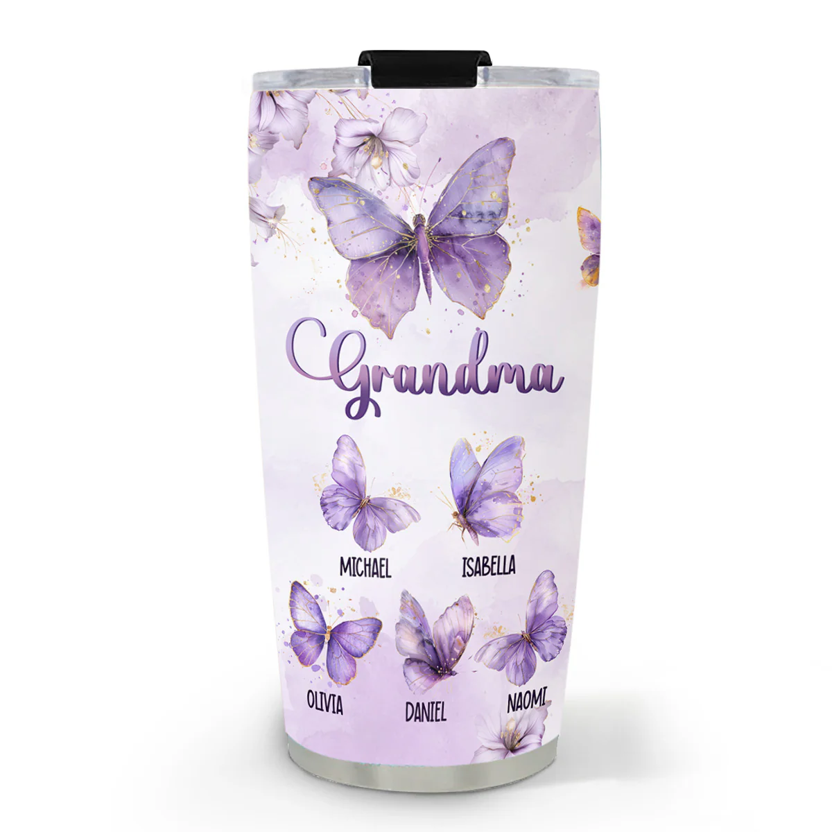 Grandma Purple Butterfly With Flower - Personalized Custom Tumbler