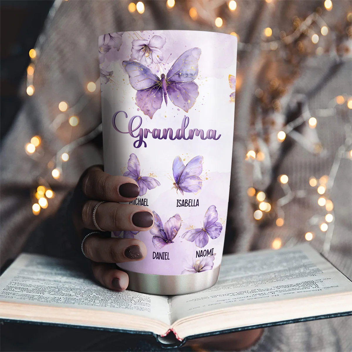 Grandma Purple Butterfly With Flower - Personalized Custom Tumbler - Image 2