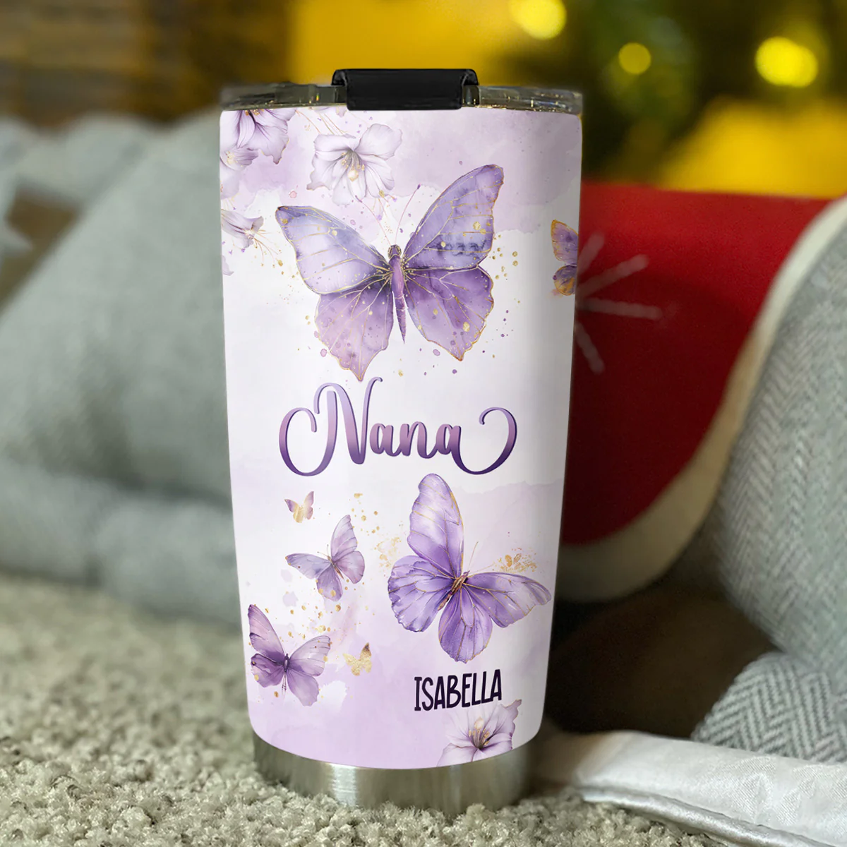 Grandma Purple Butterfly With Flower - Personalized Custom Tumbler - Image 3