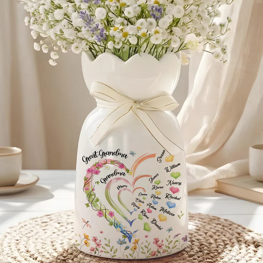 Great Grandma Heart - Personalized Custom Ribbon Tie Flower Vase