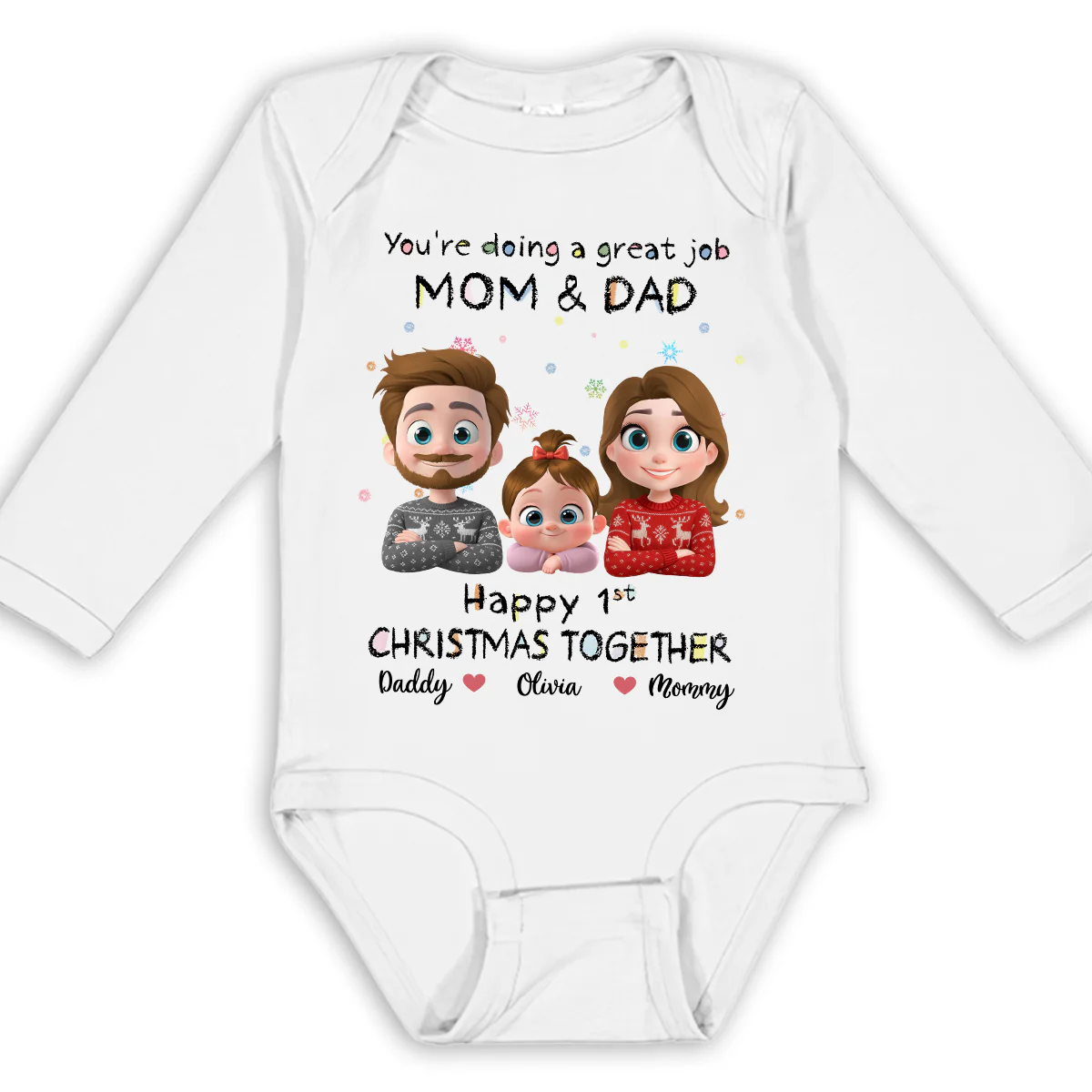 Great Job Mom And Dad Cartoon Christmas - Personalized Custom Long Sleeve Baby Onesie