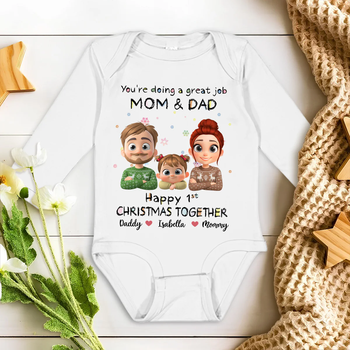 Great Job Mom And Dad Cartoon Christmas - Personalized Custom Long Sleeve Baby Onesie - Image 2