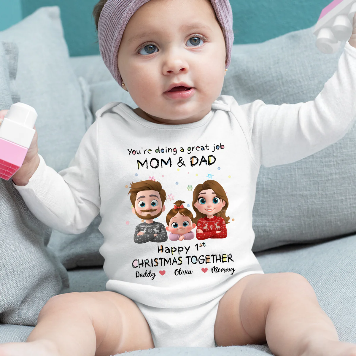 Great Job Mom And Dad Cartoon Christmas - Personalized Custom Long Sleeve Baby Onesie - Image 3