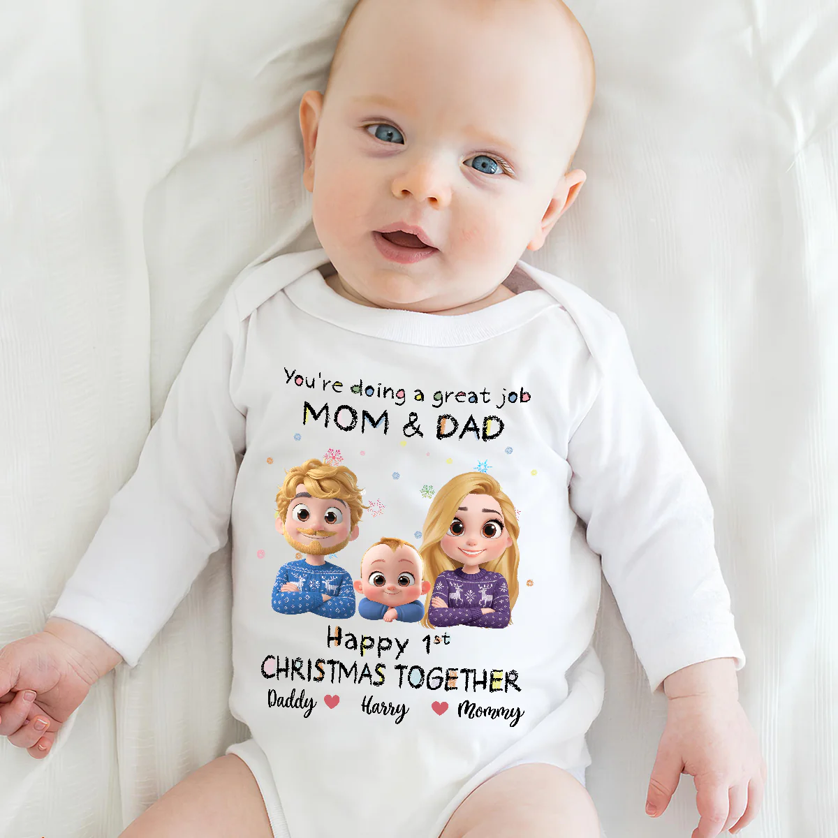 Great Job Mom And Dad Cartoon Christmas - Personalized Custom Long Sleeve Baby Onesie - Image 4