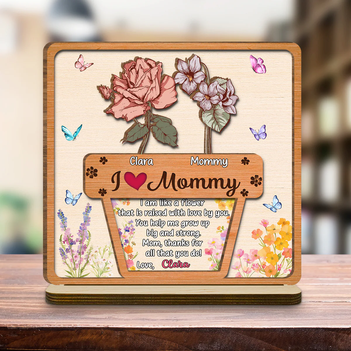 Growing Love Flower - Personalized Custom 2-Layer Wood Plaque With Flat Base - Image 3