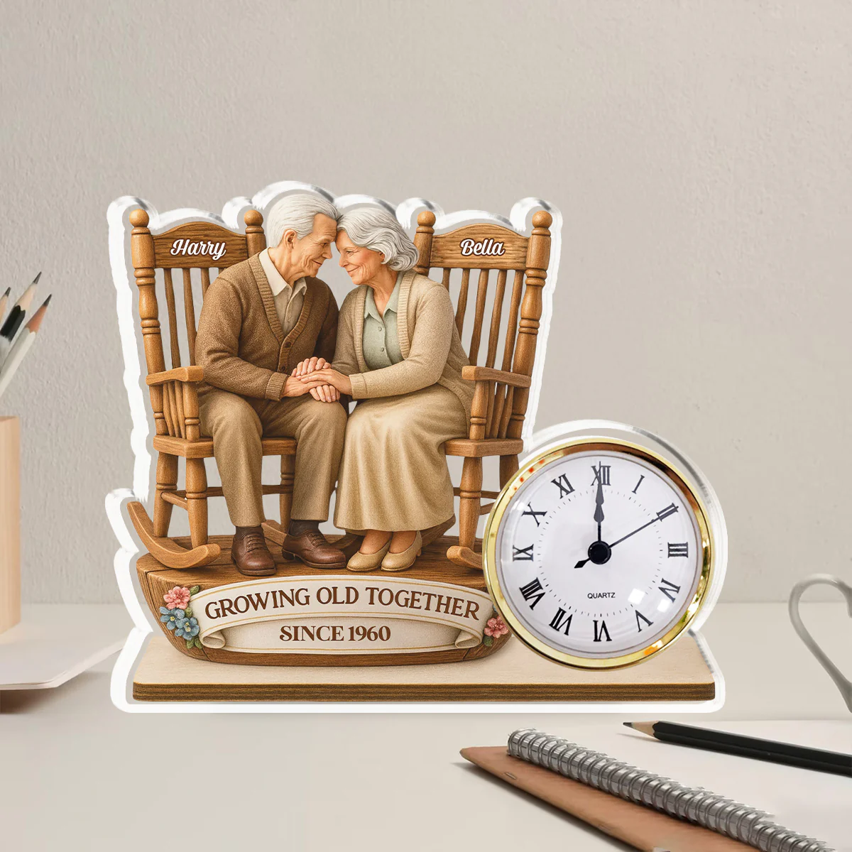 Growing Old Together - Personalized Custom Acrylic Desk Clock Plaque - Image 4