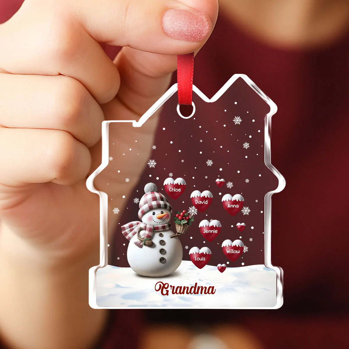 Happy Christmas Snowman Grandma - Personalized Custom House Shaped Glass Ornament - Image 4