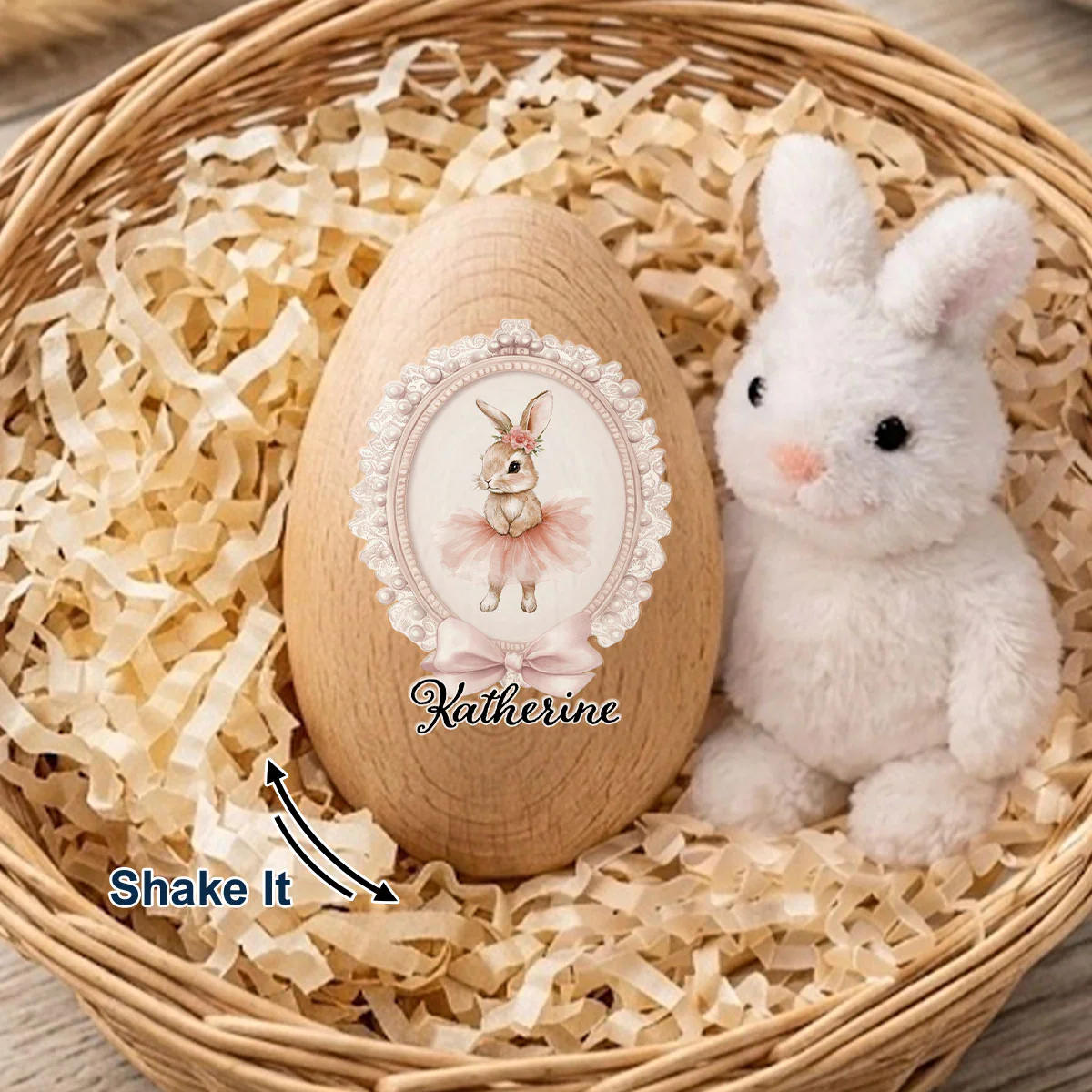 Happy Easter Cute Bunny - Personalized Custom Wooden Egg Shaker