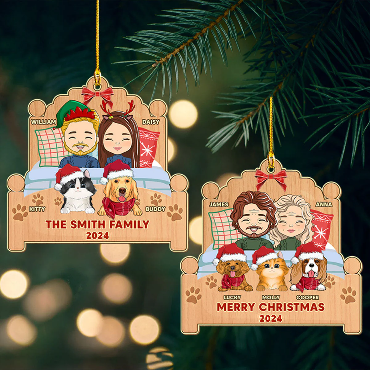 Happy Family With Pets - Personalized Custom 1-layered Wood Ornament - Image 2