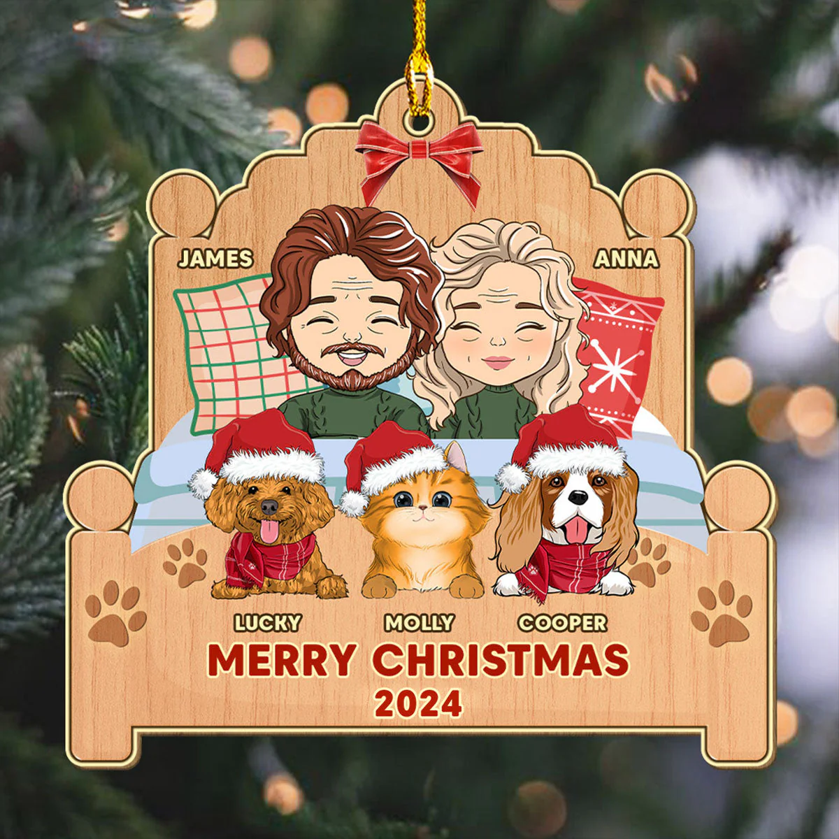 Happy Family With Pets - Personalized Custom 1-layered Wood Ornament - Image 4