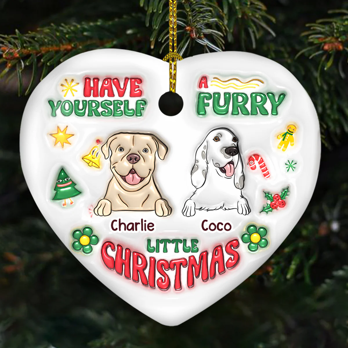 Have Yourself A Furry Little Christmas - Personalized Custom 3D Inflated Effect Heart Ceramic Ornament - Image 2