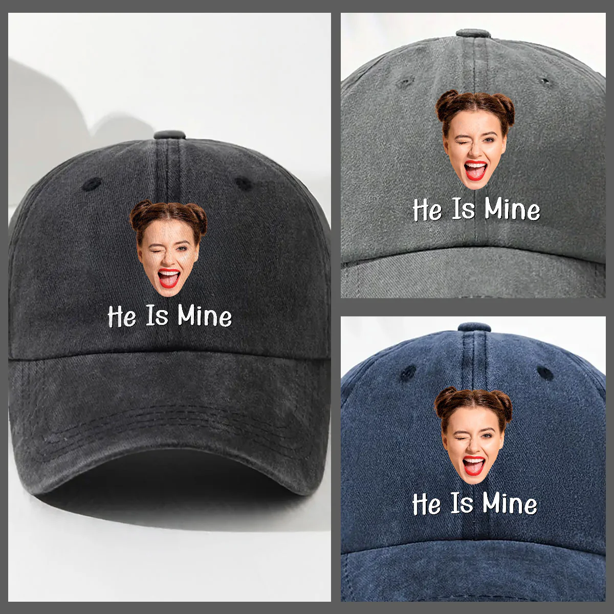 He Is Mine - Personalized Custom Vintage Washed Denim Cap - Image 3