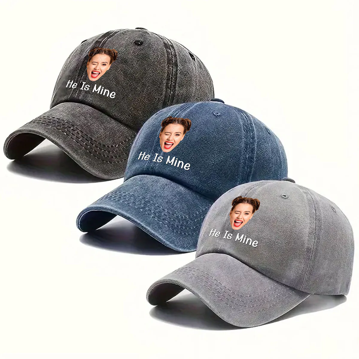 He Is Mine - Personalized Custom Vintage Washed Denim Cap - Image 4
