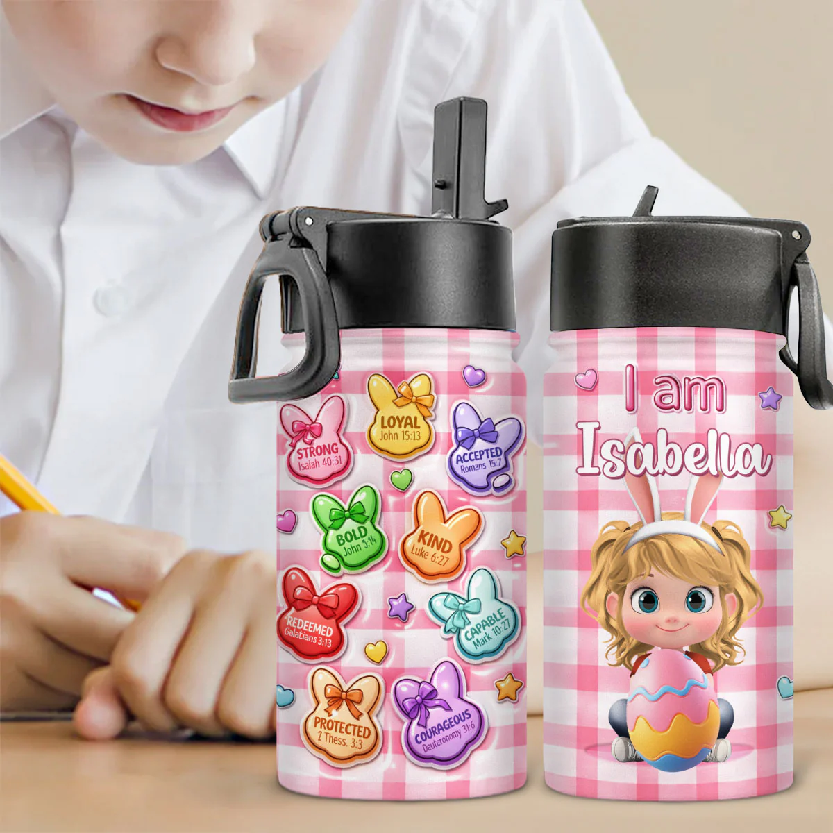 He Is Risen Bunny Set - Personalized Custom 3D Inflated Effect Kids Water Bottle - Image 3