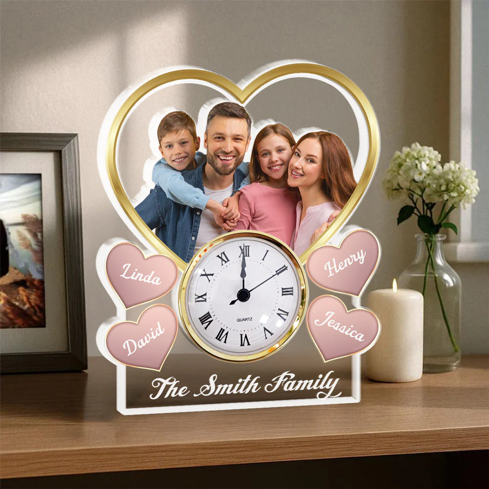 Heart Family Photo - Personalized Custom Acrylic Desk Clock Plaque - Image 3
