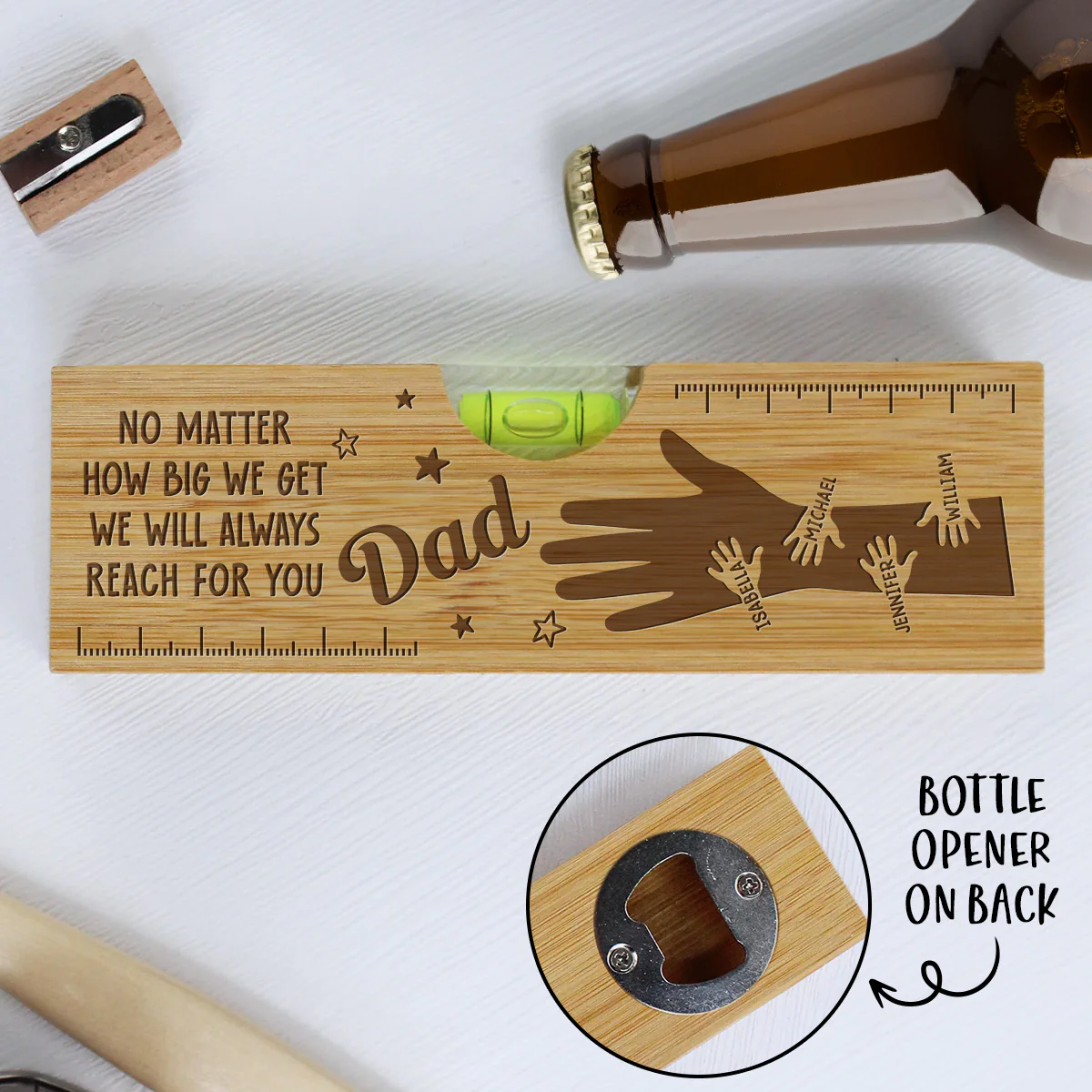 Held by Your Hands, Guided by Your Love - Personalized Custom Engraved Wooden Spirit Level Bottle Opener