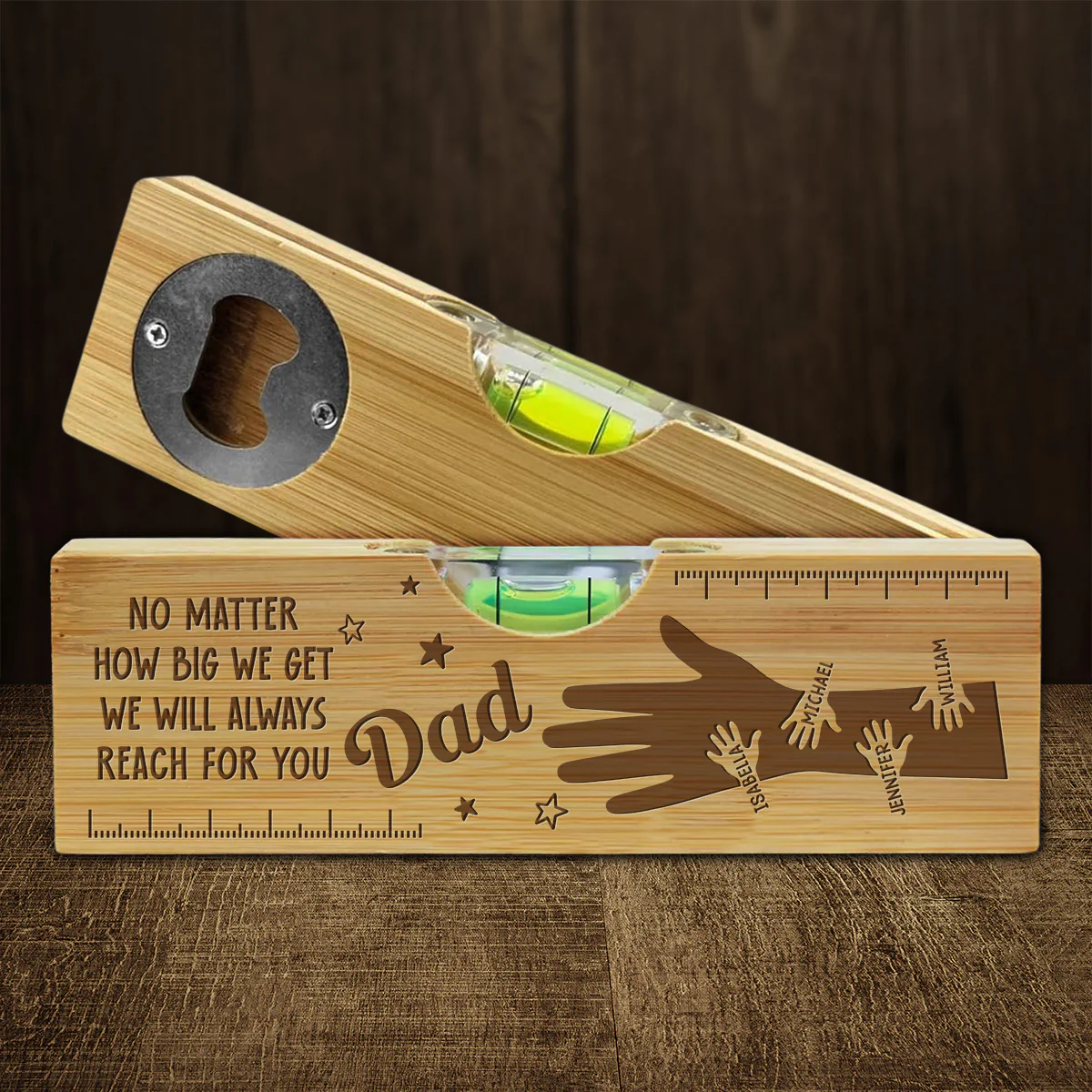 Held by Your Hands, Guided by Your Love - Personalized Custom Engraved Wooden Spirit Level Bottle Opener - Image 2