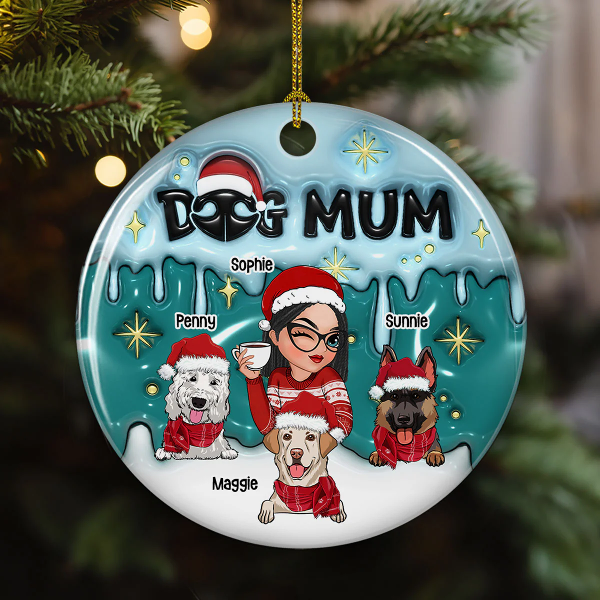 Holiday With Dog Mom - Personalized Custom 3D Inflated Effect Ceramic Ornament - Image 3